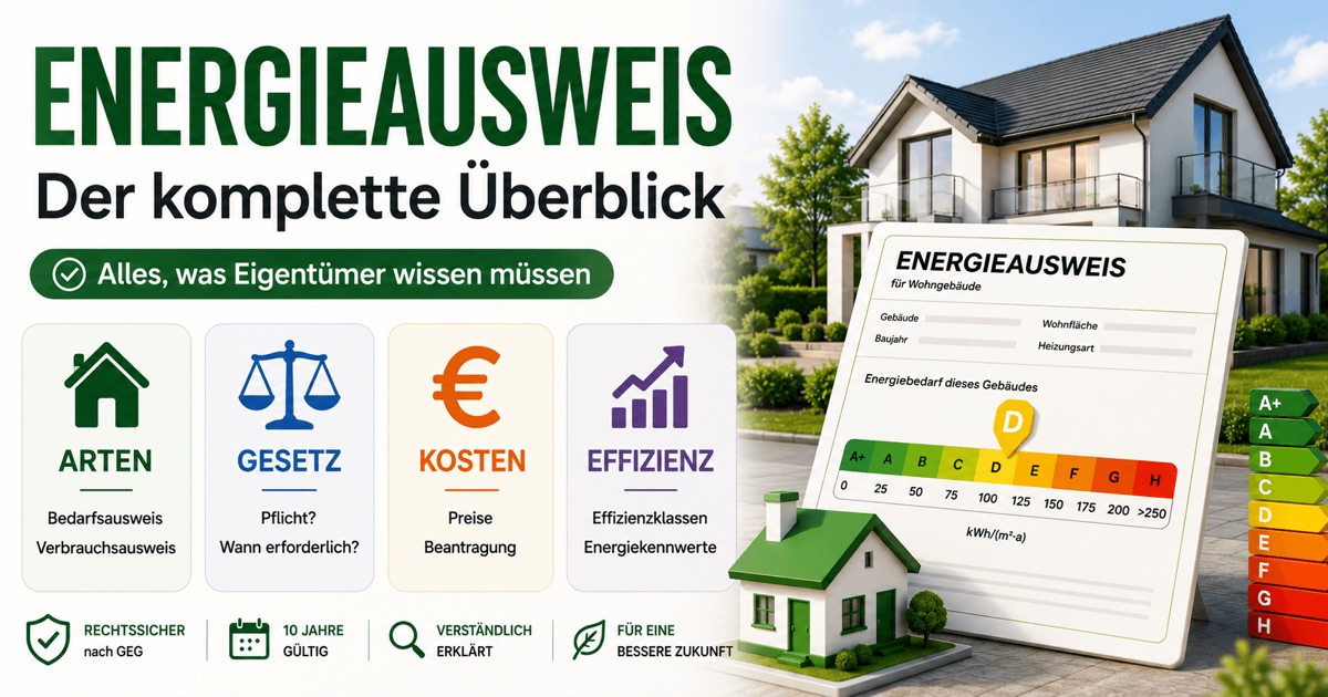 Energieausweis – der komplette Überblick: Arten, gesetzliche Pflicht, Kosten und Effizienzklassen A+ bis H, dargestellt mit Wohnhaus und Muster-Energieausweis mit Farbskala.