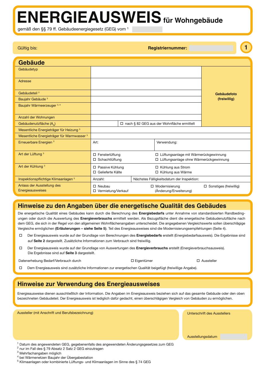 Erste Seite des amtlichen Energieausweis-Musters für Wohngebäude