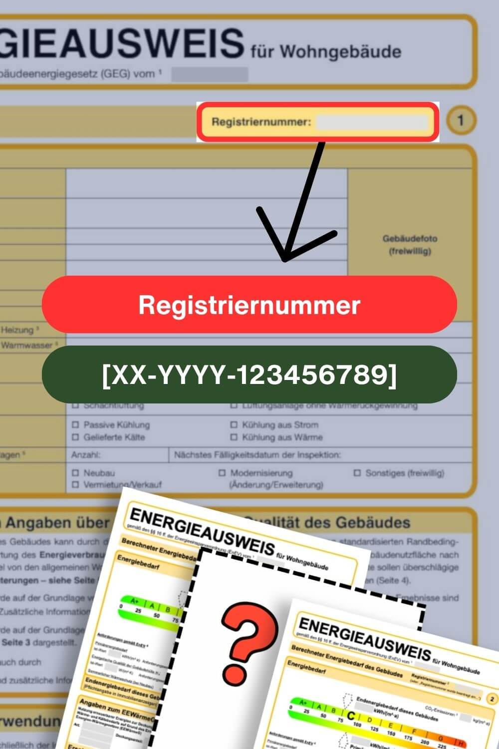 Seite 1 des Energieausweis-Musters: das Feld Registriernummer oben rechts ist rot markiert, darunter das Schema XX-YYYY-123456789