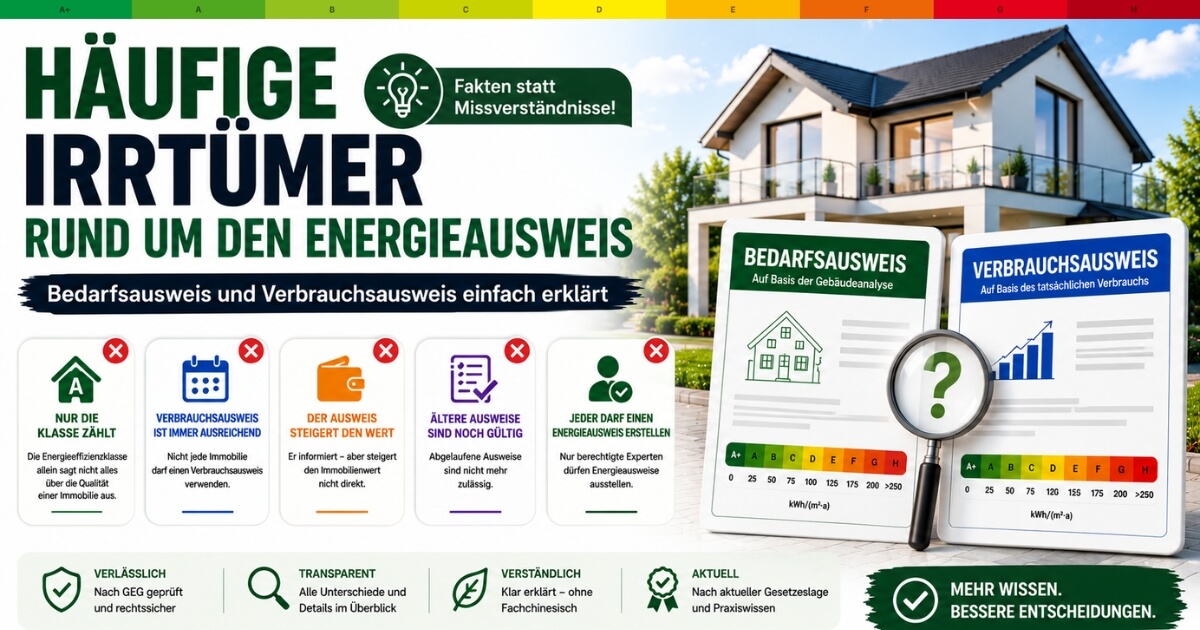 Häufige Irrtümer rund um den Energieausweis: Nur die Klasse zählt, Verbrauchsausweis ist immer ausreichend, der Ausweis steigert den Wert, ältere Ausweise sind noch gültig und jeder darf einen Energieausweis erstellen – richtiggestellt