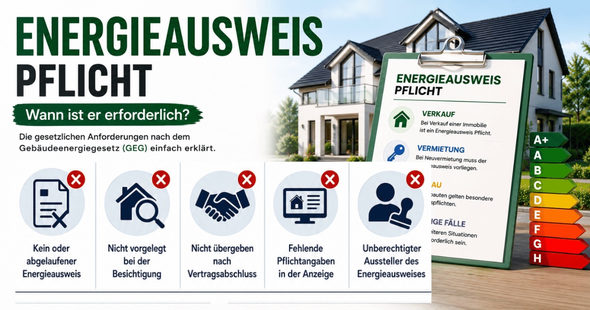 Energieausweis-Pflicht nach GEG: erforderlich bei Verkauf und Vermietung – mit den fünf häufigsten Verstößen wie fehlendem, abgelaufenem oder nicht vorgelegtem Ausweis.