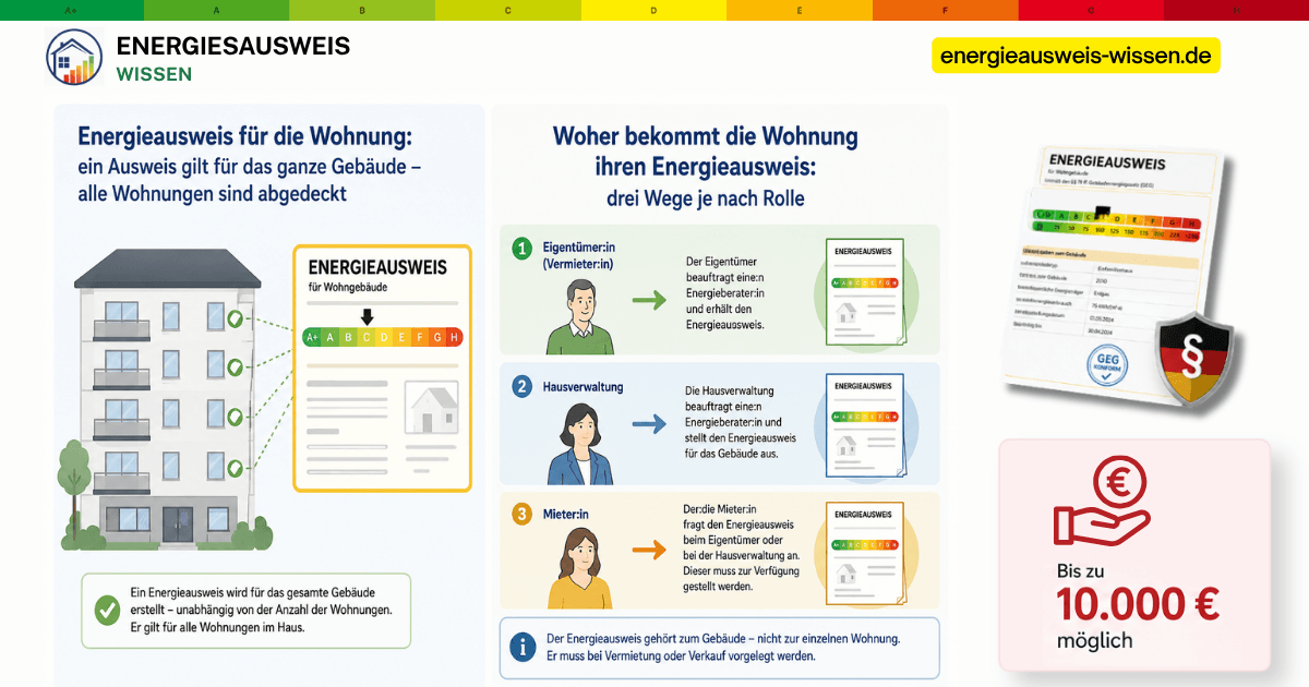 Energieausweis für die Wohnung – ein Ausweis gilt für das ganze Gebäude und alle Wohnungen; woher er kommt: Eigentümer oder Hausverwaltung beauftragen ihn, Mieter fragen beim Vermieter an