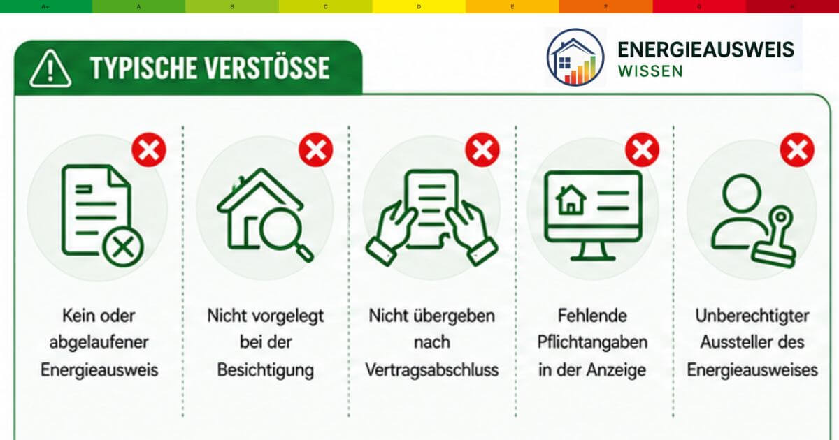 Typische Verstöße gegen die Energieausweis-Pflicht: kein oder abgelaufener Ausweis, nicht vorgelegt bei der Besichtigung, nicht übergeben nach Vertragsabschluss, fehlende Pflichtangaben in der Anzeige und unberechtigter Aussteller.