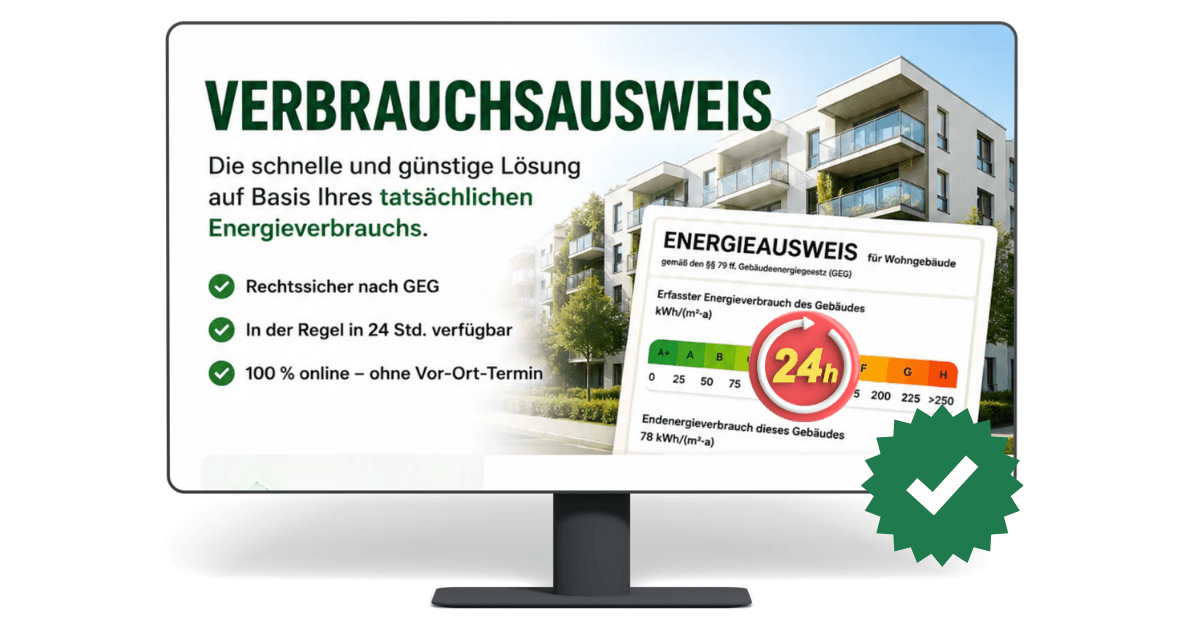 Verbrauchsausweis online erstellen — rechtssicher nach GEG, in der Regel in 2–3 Tagen (Express am selben Tag), 100 % online ohne Vor-Ort-Termin
