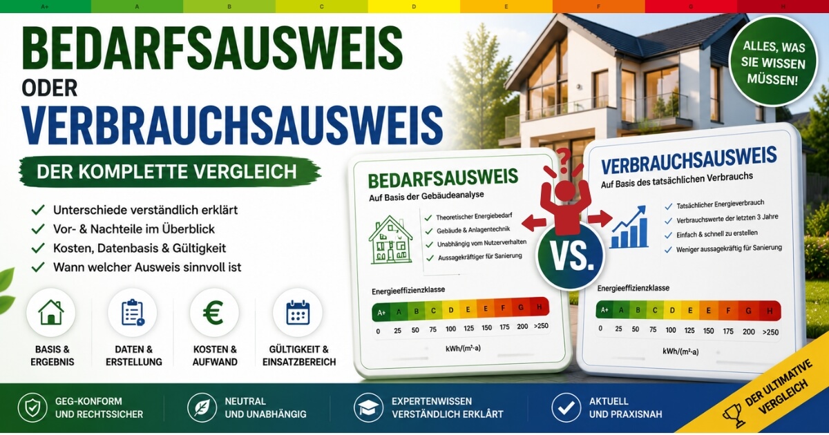 Infografik: Bedarfsausweis (grün) oder Verbrauchsausweis (blau) – der komplette Vergleich mit Unterschieden, Kosten, Datenbasis und Gültigkeit