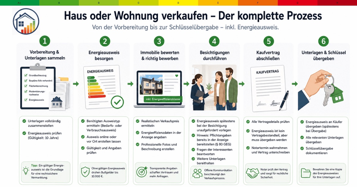 Haus oder Wohnung verkaufen mit Energieausweis – der komplette Prozess in sechs Schritten: Vorbereitung und Unterlagen sammeln, Energieausweis besorgen, Immobilie bewerten und richtig bewerben, Besichtigungen durchführen, Kaufvertrag abschließen sowie Unterlagen und Schlüssel übergeben