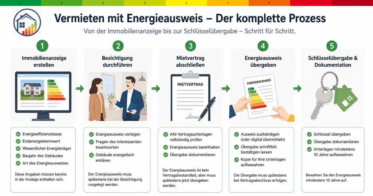 Vermieten mit Energieausweis – der komplette Prozess in fünf Schritten: Immobilienanzeige erstellen, Besichtigung durchführen, Mietvertrag abschließen, Energieausweis übergeben und Schlüsselübergabe mit Dokumentation