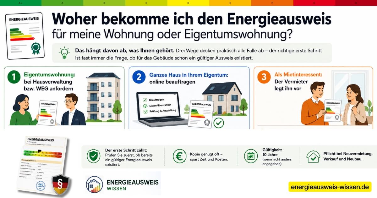 Woher bekomme ich den Energieausweis für meine Wohnung oder Eigentumswohnung? Drei Wege: 1. Eigentumswohnung – bei Hausverwaltung bzw. WEG anfordern; 2. ganzes Haus im Eigentum – online beauftragen; 3. als Mietinteressent legt der Vermieter ihn vor. Der erste Schritt: prüfen, ob bereits ein gültiger Ausweis existiert; eine Kopie genügt oft; Gültigkeit 10 Jahre; Pflicht bei Neuvermietung, Verkauf und Neubau
